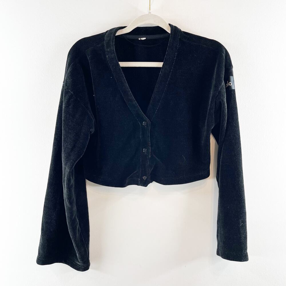 Alo Yoga Chenille Chalet V-Neck Cropped Cardigan Sweater Black XS - Picture 2 of 4